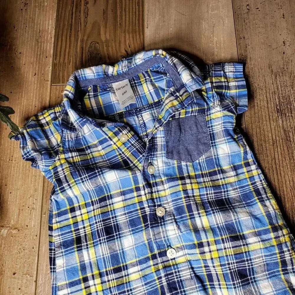 Carter's Baby Boy Size 6m Blue Yellow Plaid Romper Shortall 100% Cotton EUC